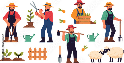 Flat Vector Farmers and Sheep Farming Illustration Set with Harvesting Vegetables, Pruning Plants, Carrying Crates, Gardening Tools, Watering Can,  Agriculture, Rural Farm, and Eco-Friendly Designs