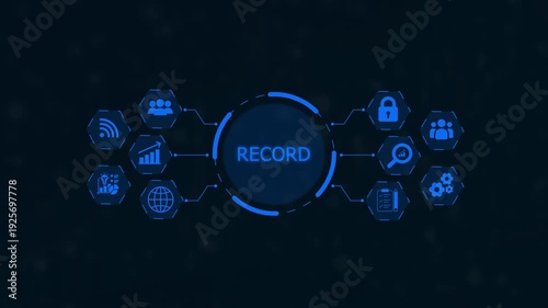 Data record keeping concept with interconnected blue for storage, security, and organization on a dark technological background