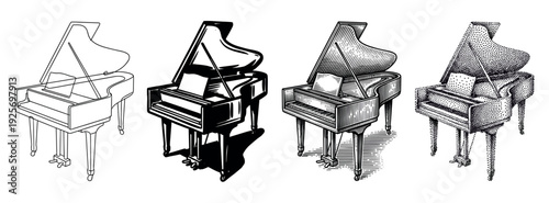 Four black and white grand piano illustrations showcasing a variety of artistic styles, including simple line art, high contrast, detailed engraving, and stippling