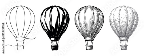 Four hot air balloon illustrations in different artistic styles including continuous line art, brush stroke, vintage engraving, and stippling, shown as a monochrome icon set
