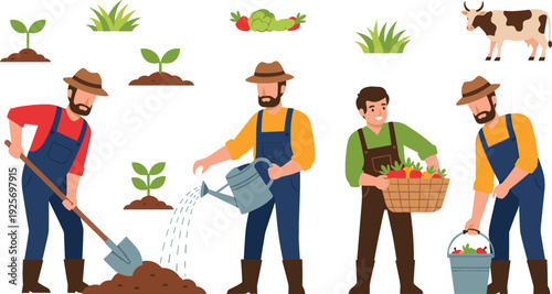 Flat Vector Farmers Organic Farm Illustration Set with Digging Soil Watering Seedlings, Harvesting Vegetables in Baskets, Carrying Buckets, Cow Plants for Agriculture  and Rural Farming Designs
