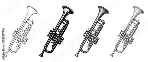 Set of four trumpet illustrations in different graphic styles including outline, silhouette, engraving, and stippling for a musical or orchestral concept