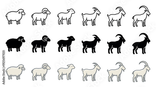Collection of farm animal icons showing sheep, goats, rams, and lambs in three different styles: line art, solid black silhouette, and simple color with outline