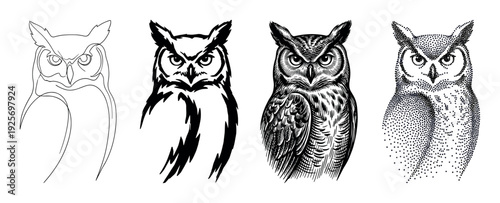 Set of four graphic owl head icons in different art styles from minimalist line drawing and tribal stencil to classic woodcut etching and modern dotwork