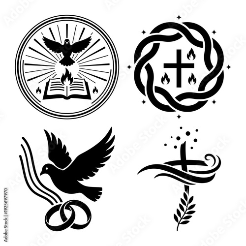 Christian Sacrament Symbols Dove Cross and Scripture Silhouette Icon Bundle