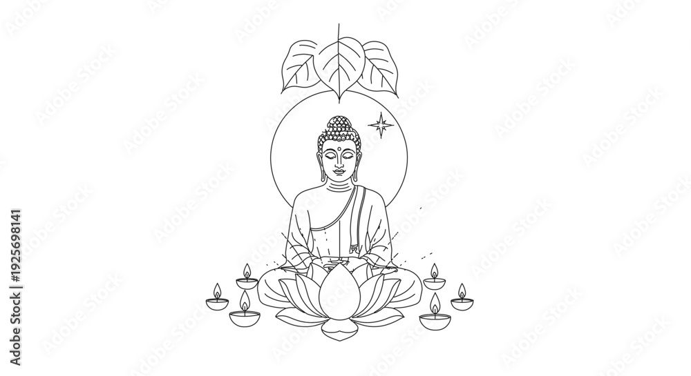 Obraz premium Buddha meditation illustration with lotus flower and candles