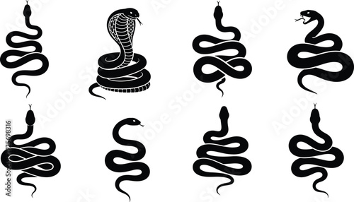 Snake silhouette collection isolated on white background, cobra and serpent poses, coiled reptiles, wildlife animal illustration, tattoo design, decorative icon set