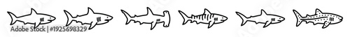 Set of six different shark icons hand-drawn in a simple black line art style, including hammerhead, tiger, and whale shark species in a horizontal row