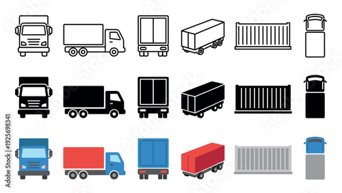 Large set of truck and container icons for logistics, shown in line art, silhouette, and flat color styles from front, side, top, and isometric perspectives