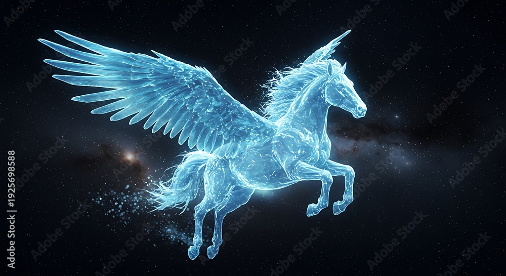 Fototapeta premium Digital illustration of a winged horse in a dark galaxy background