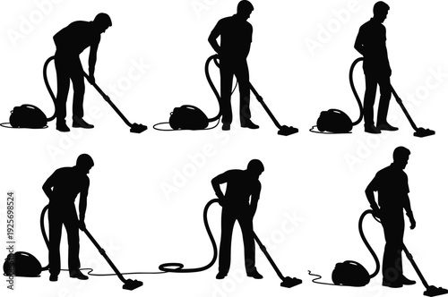 Vacuum cleaner silhouette collection isolated on white background, man cleaning floor poses, household cleaning activity, home maintenance, domestic work design resource