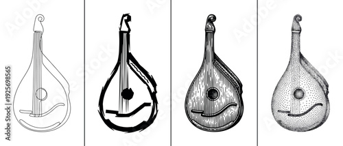 Four black and white bandura illustrations show different artistic styles including line art, brush stroke, engraving, and stippling for a traditional folk stringed musical instrument