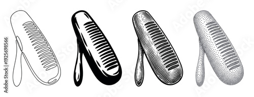 Set of four retro microphone illustrations in different artistic styles including continuous line art, solid silhouette, detailed engraving, and classic stippling technique