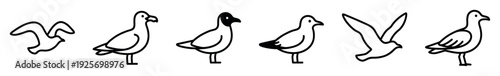 Set of six minimalist seagull icons in a simple black and white doodle style showing various standing and flying poses for graphic design elements