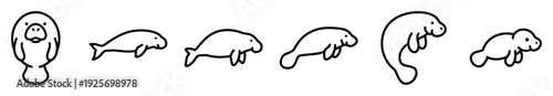 Cute black line art manatee illustrations set in a minimalist cartoon style, showing the adorable sea cow swimming and floating in various simple poses for a charming design