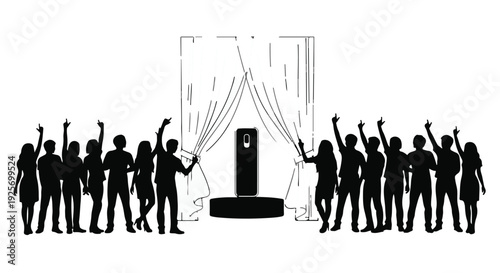 silhouette crowd people celebrating event with raised arms