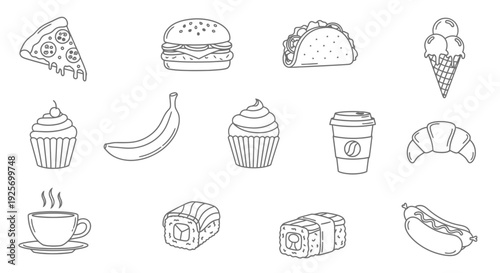 Collection of hand drawn fast food and sweet treat icons in black and white