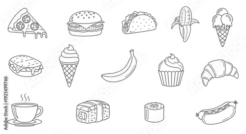 Line drawing of various foods including pizza burgers and desserts