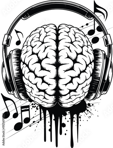 Musical Brain with Headphones Line Art Illustration