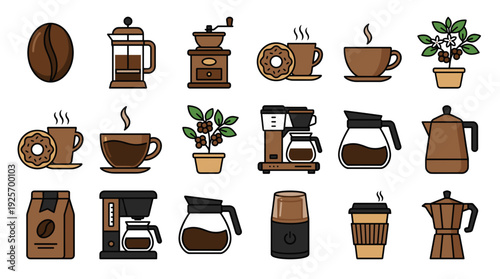 Collection of Coffee-Related Items, Including Beans, Brewers, Grinders, and Cups