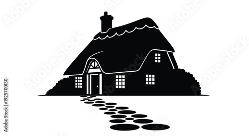 A simple black silhouette of a thatched roof cottage with a stone path