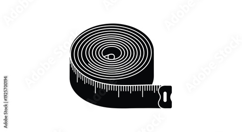 A black and white illustration of a coiled measuring tape