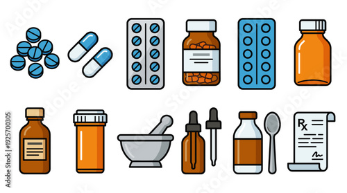 Collection Of Pharmaceutical And Medical Supply Icons Including Pills And Bottles