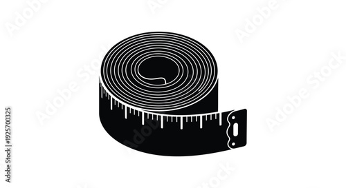 A coiled measuring tape in black and white showing measurement markings