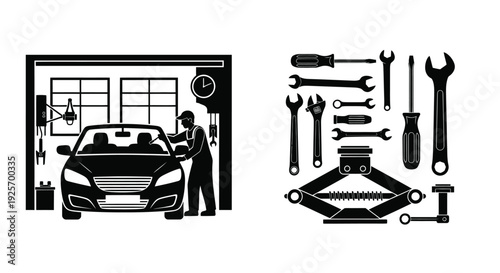 Garage scene depicting a car repair with tools displayed nearby