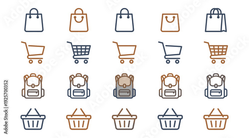 Various Shopping Icons Bags, Carts, Backpacks, and Baskets For Retail And E-Commerce Needs