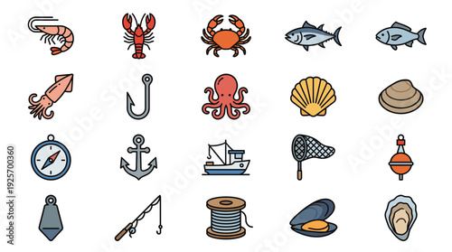 Icons of Seafood, Fishing Gear, and Nautical Symbols Representing Ocean Life and Maritime Activities