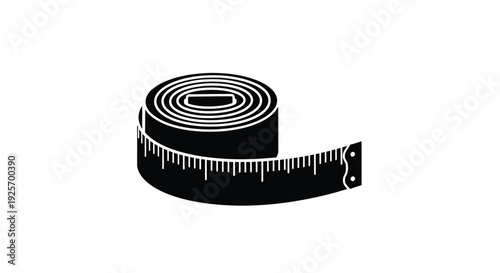 A black and white illustration of a coiled measuring tape