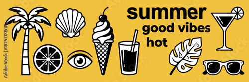 Summer Vacation Fun Palm Tree, Seashell, Ice Cream, Citrus, Eye, Tropical Leaf, Sunglasses, And Cocktails