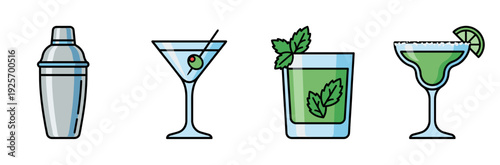 Collection Of Four Assorted Alcoholic Beverages In Distinct Glassware With Garnishes For Refreshment