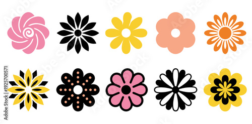 A Collection of Simple, Stylized Flower Icons in Various Colors and Designs