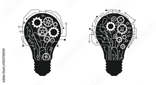 Two black lightbulbs filled with intricate gears and circuit designs