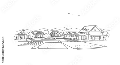 Modern suburban neighborhood with houses and garden plots