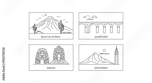Mexican landmarks and cityscapes in minimalist line art style