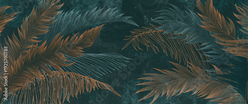 Luxurious art backdrop featuring tropical plant leaves in coral with line elements. A botanical banner for decor, prints, wallpaper, textiles, posters, and interior design.