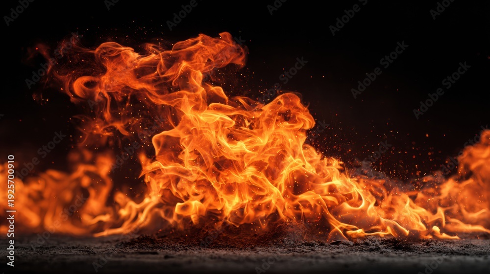 Fototapeta premium Flames and sparks rising from burning material against a dark background