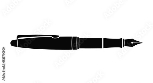 A sleek black fountain pen is displayed in a simple side view silhouette