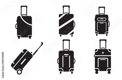 Collection of wheeled luggage and suitcases in different styles and designs for travel and transportation, travel bags for business and leisure.