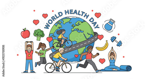 World Health Day icon set, includes fitness, nutrition, and wellness symbols, created in colorful line style with blue, red, green, and yellow palette