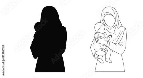 Mother holding baby contrasted styles black form and white line silhouette