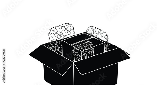 Black cardboard box with smaller boxes and bubble wrap inside