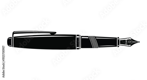 Black fountain pen illustration with detailed nib and clip design