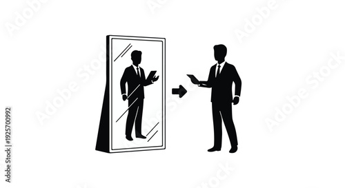 Businessman looking at reflection in mirror, self improvement concept