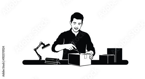 man packing a box in an office setting