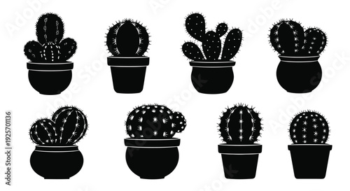 Black silhouette illustration of various potted cacti arrangements