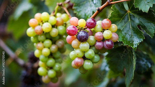 Vibrant Multi-Colored Grapes on Vine - Fresh Harvest Vineyard Close-up